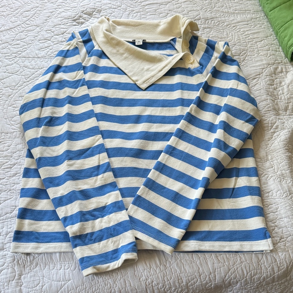 J. Crew Cream and Blue Striped Collared Knit Top